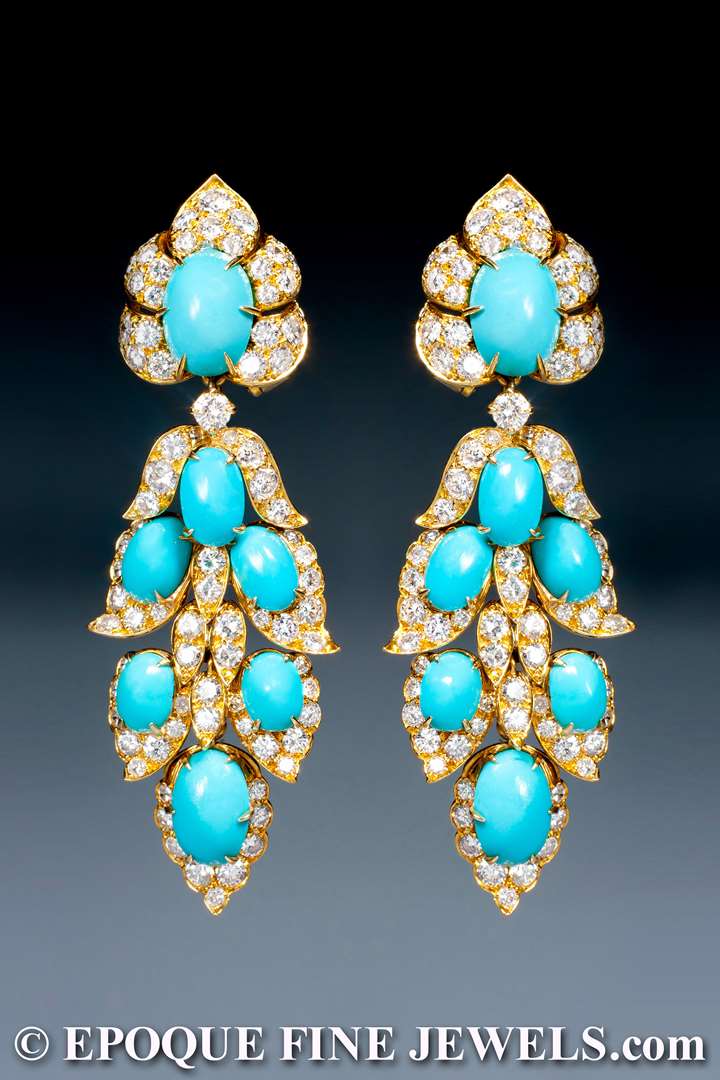 An extravagant pair of turquoise and diamond pendant earrings